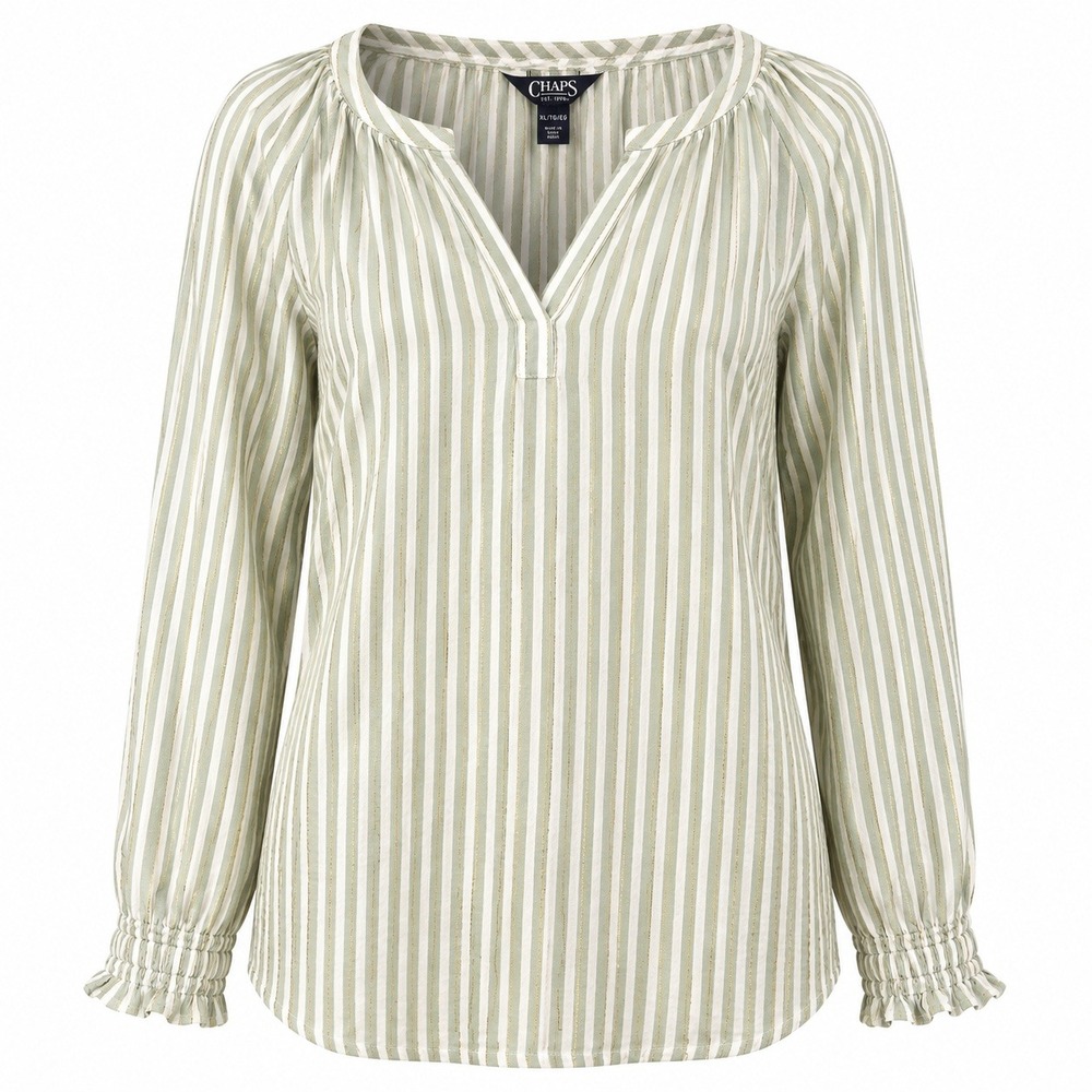 Chaps Striped Split Neck Blouse Womens XL Sage Green Gold Lurex Excellent Boho